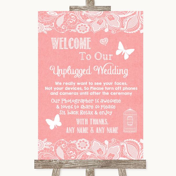 Coral Burlap & Lace No Phone Camera Unplugged Personalised Wedding Sign