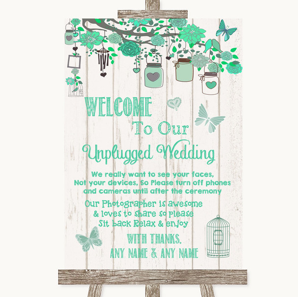 Green Rustic Wood No Phone Camera Unplugged Personalised Wedding Sign