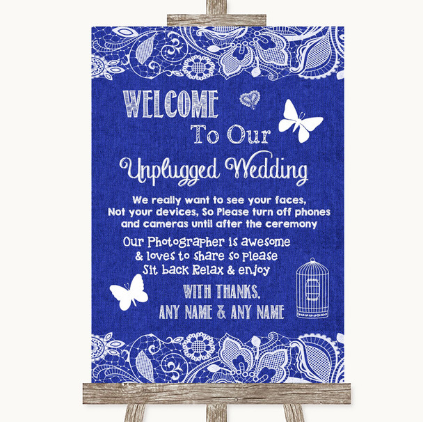 Navy Blue Burlap & Lace No Phone Camera Unplugged Personalised Wedding Sign