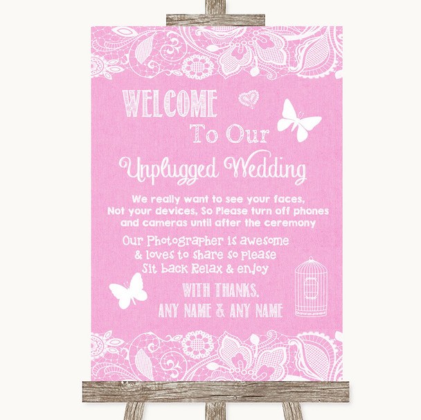 Pink Burlap & Lace No Phone Camera Unplugged Personalised Wedding Sign
