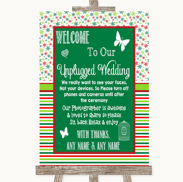 Red & Green Winter No Phone Camera Unplugged Personalised Wedding Sign