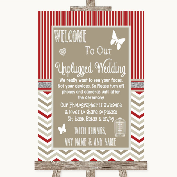 Red & Grey Winter No Phone Camera Unplugged Personalised Wedding Sign