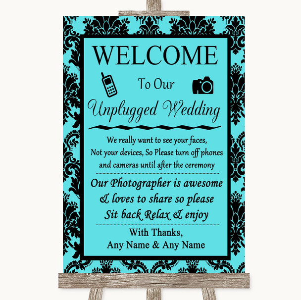 Tiffany Blue Damask No Phone Camera Unplugged Personalised Wedding Sign