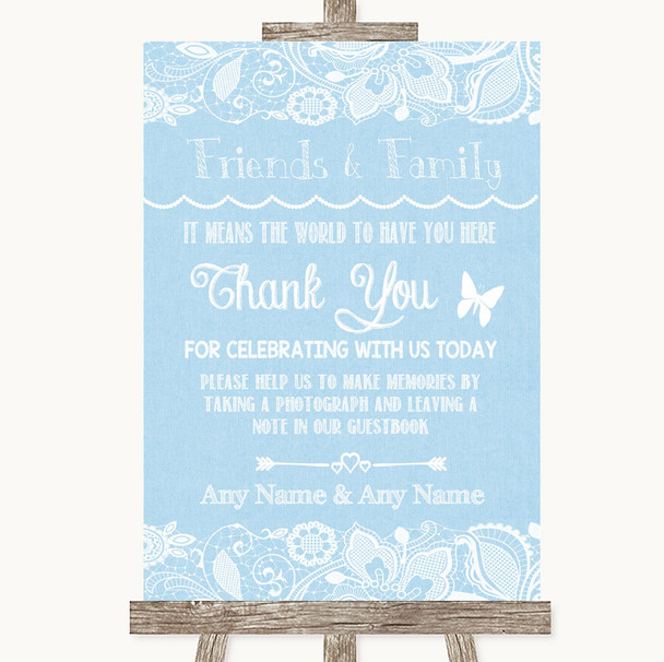 Blue Burlap & Lace Photo Guestbook Friends & Family Personalised Wedding Sign