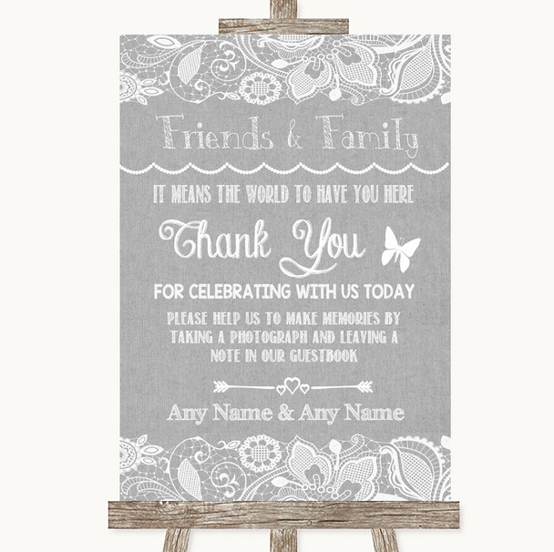 Grey Burlap & Lace Photo Guestbook Friends & Family Personalised Wedding Sign