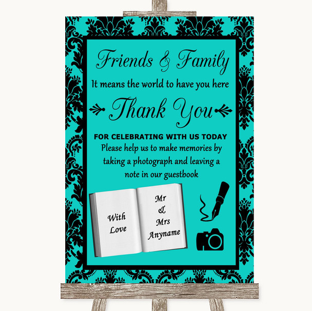 Turquoise Damask Photo Guestbook Friends & Family Personalised Wedding Sign