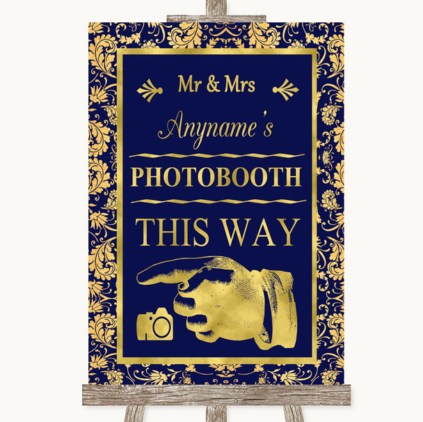 Blue & Gold Photobooth This Way Left Personalised Wedding Sign