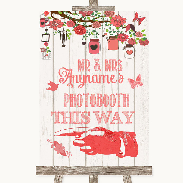 Coral Rustic Wood Photobooth This Way Left Personalised Wedding Sign