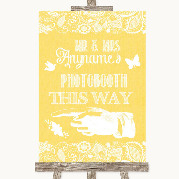 Yellow Burlap & Lace Photobooth This Way Left Personalised Wedding Sign