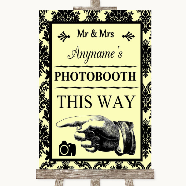 Yellow Damask Photobooth This Way Left Personalised Wedding Sign