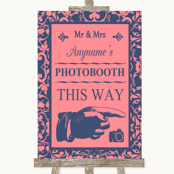 Coral Pink & Blue Photobooth This Way Right Personalised Wedding Sign