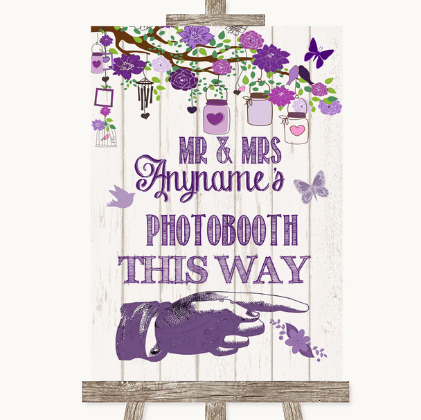 Purple Rustic Wood Photobooth This Way Right Personalised Wedding Sign