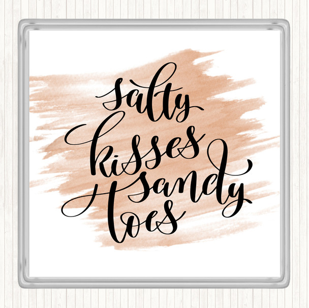 Watercolour Salty Kisses Sandy Toes Quote Drinks Mat Coaster