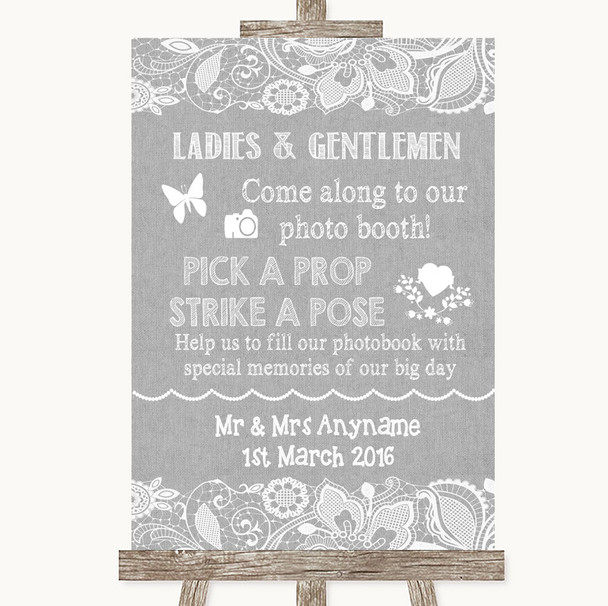 Grey Burlap & Lace Pick A Prop Photobooth Personalised Wedding Sign