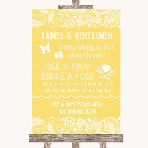 Yellow Burlap and Lace Pick A Prop Photobooth Personalised Wedding Sign