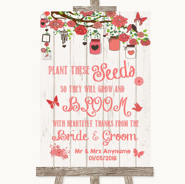 Coral Rustic Wood Plant Seeds Favours Personalised Wedding Sign