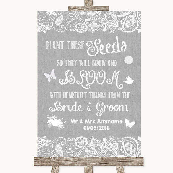 Grey Burlap and Lace Plant Seeds Favours Personalised Wedding Sign