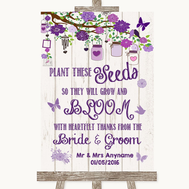 Purple Rustic Wood Plant Seeds Favours Personalised Wedding Sign