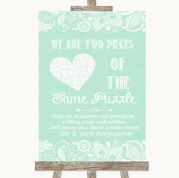 Green Burlap & Lace Puzzle Piece Guest Book Personalised Wedding Sign