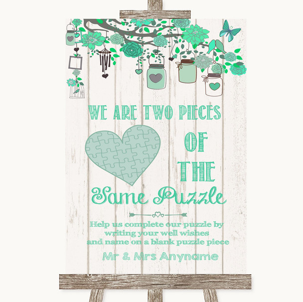 Green Rustic Wood Puzzle Piece Guest Book Personalised Wedding Sign