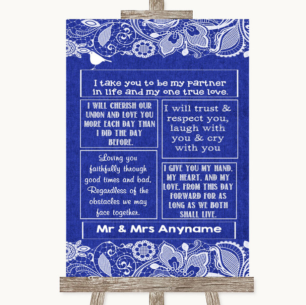 Navy Blue Burlap & Lace Romantic Vows Personalised Wedding Sign