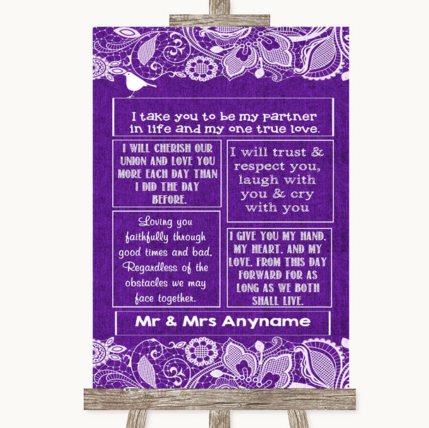 Purple Burlap & Lace Romantic Vows Personalised Wedding Sign