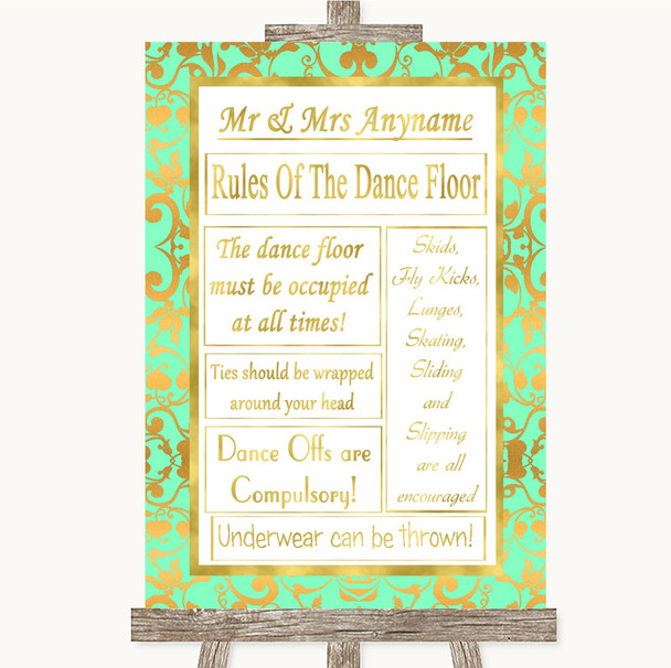 Mint Green & Gold Rules Of The Dance Floor Personalised Wedding Sign