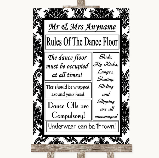 Black & White Damask Rules Of The Dancefloor Personalised Wedding Sign