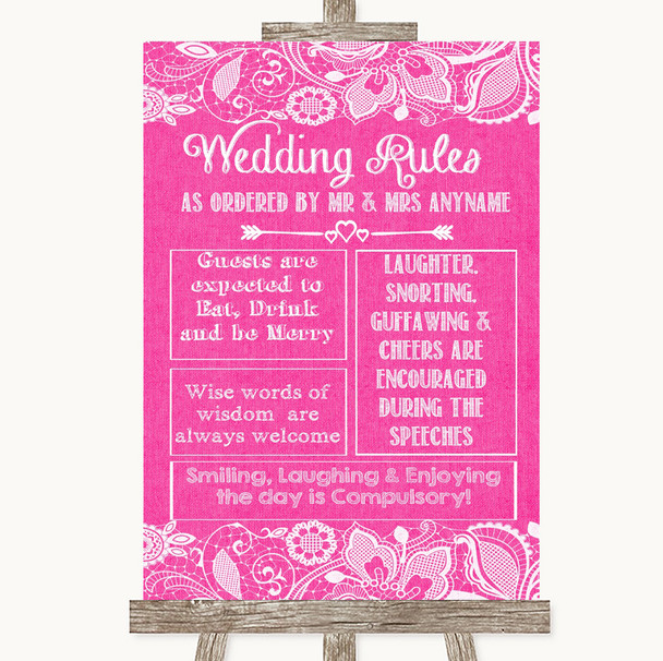 Bright Pink Burlap & Lace Rules Of The Wedding Personalised Wedding Sign