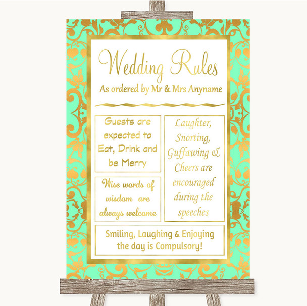 Mint Green & Gold Rules Of The Wedding Personalised Wedding Sign