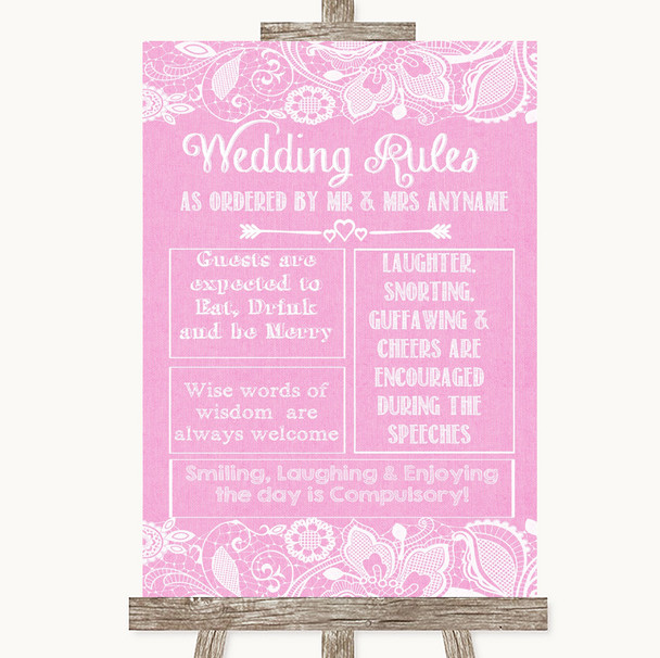 Pink Burlap & Lace Rules Of The Wedding Personalised Wedding Sign