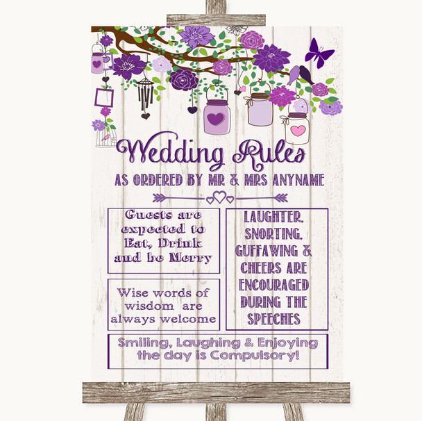 Purple Rustic Wood Rules Of The Wedding Personalised Wedding Sign