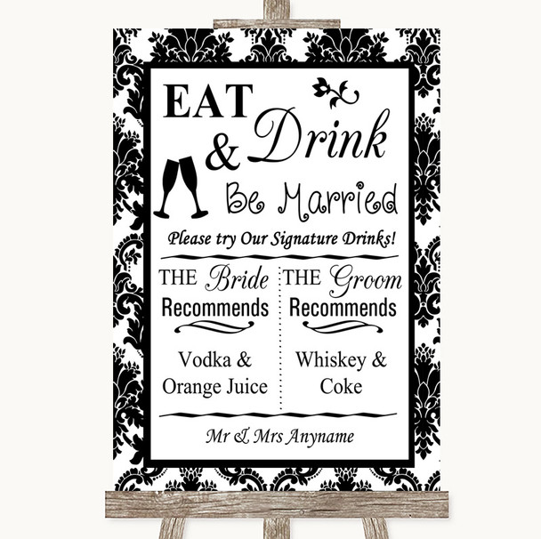 Black & White Damask Signature Favourite Drinks Personalised Wedding Sign