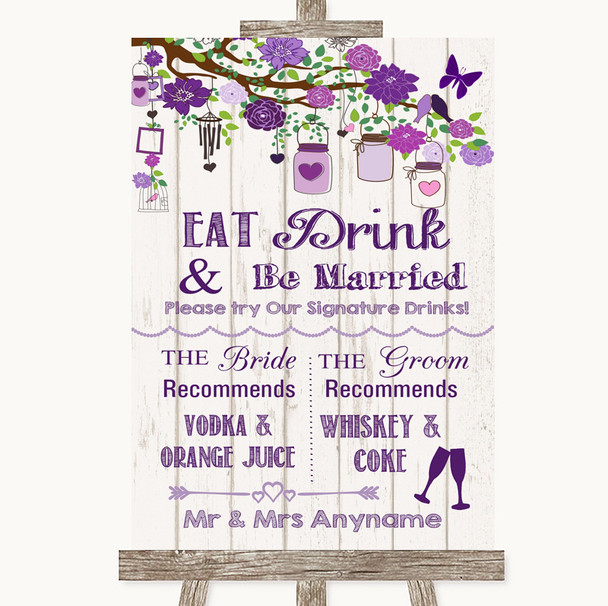 Purple Rustic Wood Signature Favourite Drinks Personalised Wedding Sign