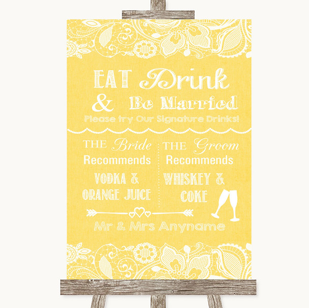 Yellow Burlap & Lace Signature Favourite Drinks Personalised Wedding Sign