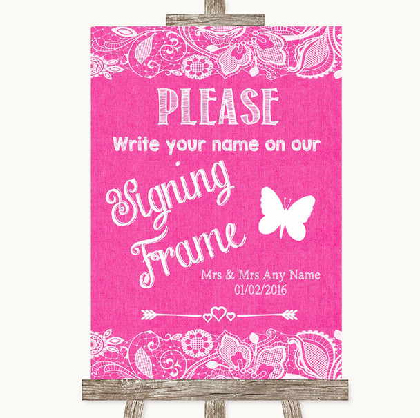 Bright Pink Burlap & Lace Signing Frame Guestbook Personalised Wedding Sign