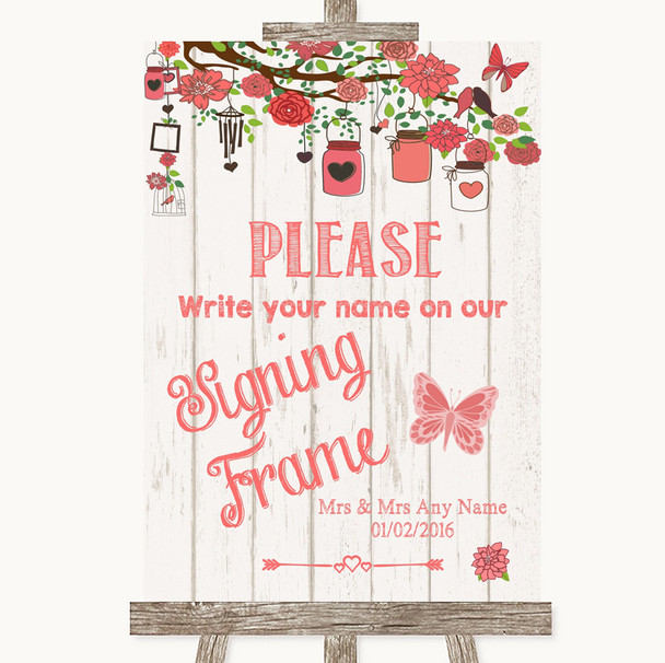 Coral Rustic Wood Signing Frame Guestbook Personalised Wedding Sign