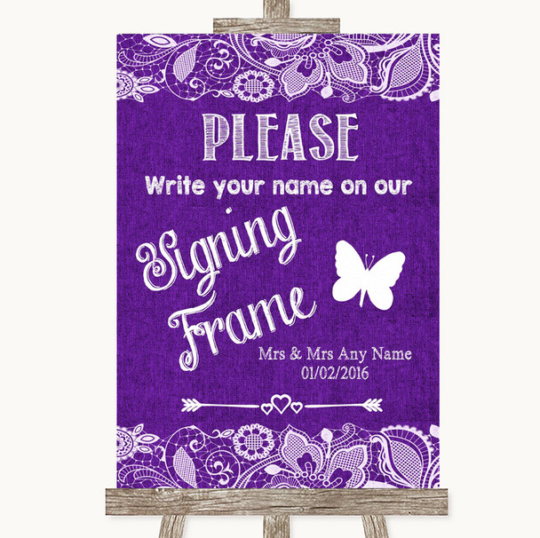 Purple Burlap & Lace Signing Frame Guestbook Personalised Wedding Sign