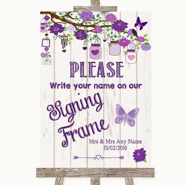 Purple Rustic Wood Signing Frame Guestbook Personalised Wedding Sign