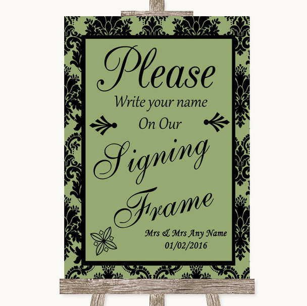 Sage Green Damask Signing Frame Guestbook Personalised Wedding Sign