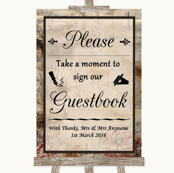 Vintage Take A Moment To Sign Our Guest Book Personalised Wedding Sign