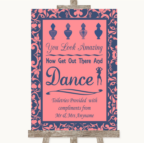 Coral Pink and Blue Toiletries Comfort Basket Personalised Wedding Sign