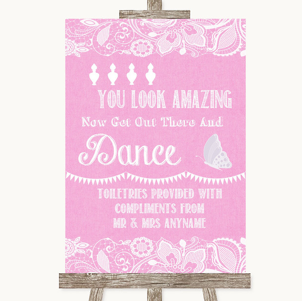 Pink Burlap and Lace Toiletries Comfort Basket Personalised Wedding Sign Pink Burlap and Lace Toiletries Comfort Basket Personalised Wedding Sign