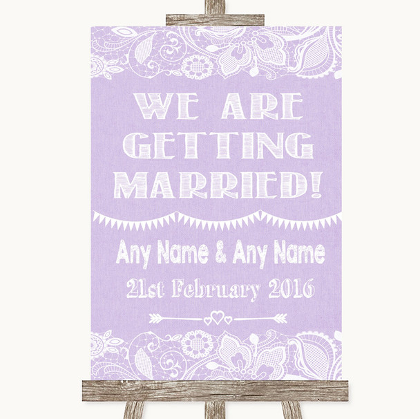 Lilac Burlap & Lace We Are Getting Married Personalised Wedding Sign