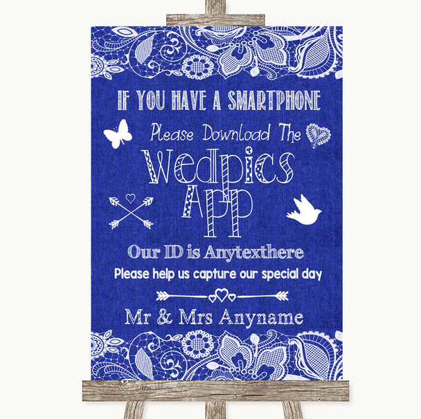 Navy Blue Burlap & Lace Wedpics App Photos Personalised Wedding Sign