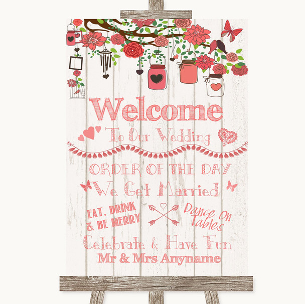 Coral Rustic Wood Welcome Order Of The Day Personalised Wedding Sign