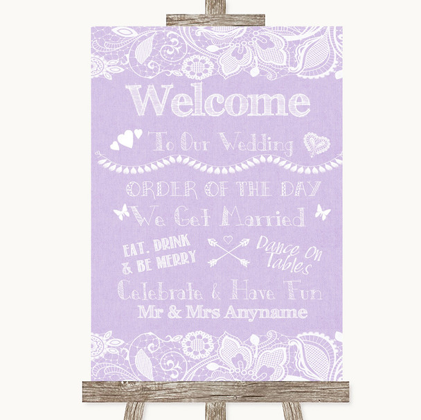 Lilac Burlap & Lace Welcome Order Of The Day Personalised Wedding Sign