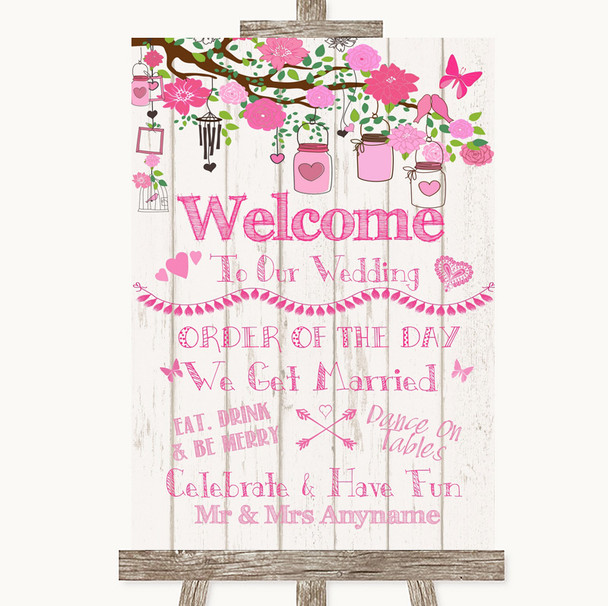 Pink Rustic Wood Welcome Order Of The Day Personalised Wedding Sign