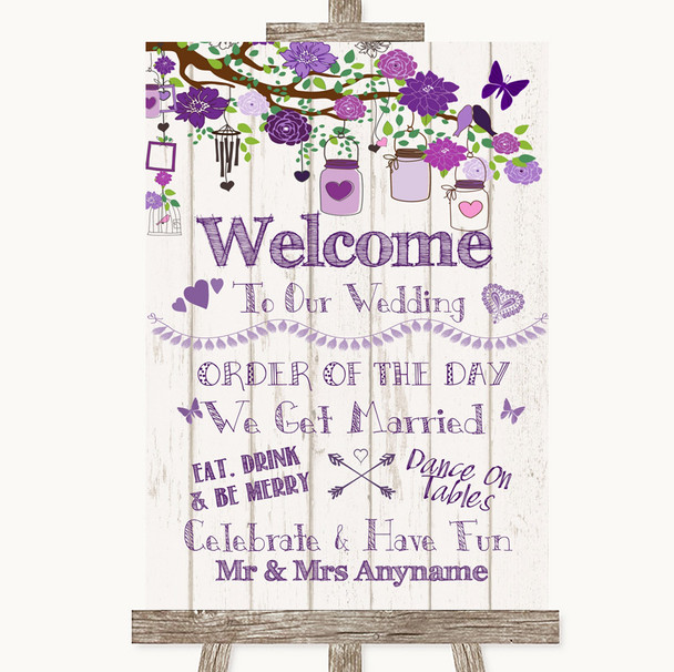 Purple Rustic Wood Welcome Order Of The Day Personalised Wedding Sign