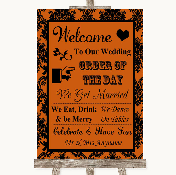 Burnt Orange Damask Welcome Order Of The Day Personalised Wedding Sign